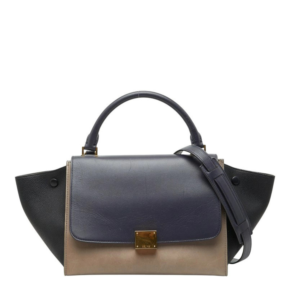 Celine Trapeze Tricolor 2way Shoulder Bag Beige Cream Black Gray Leather